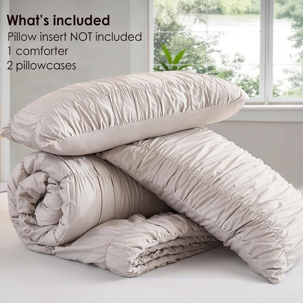 Bedbay Cotton Ruched Comforter for King Size Bed,Breathable Cotton Boho Comforter Set,Shabby Chic Ruffle Bedding Vintage Farmhouse Quilt Set,Soft Durable 3 Pcs Fluffy Comforter Bedroom Decor