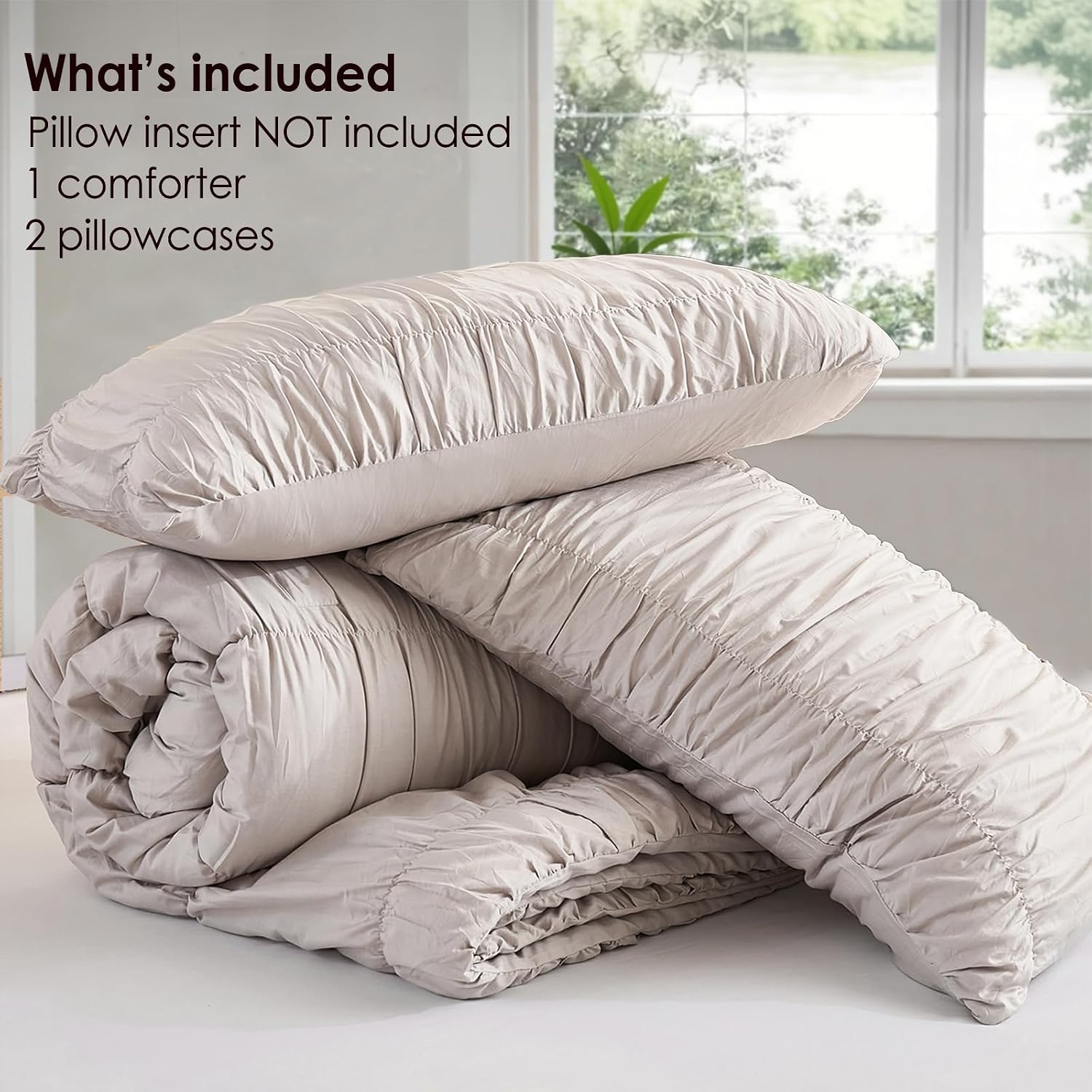 Bedbay Cotton Ruched Comforter for King Size Bed,Breathable Cotton Boho Comforter Set,Shabby Chic Ruffle Bedding Vintage Farmhouse Quilt Set,Soft Durable 3 Pcs Fluffy Comforter Bedroom Decor