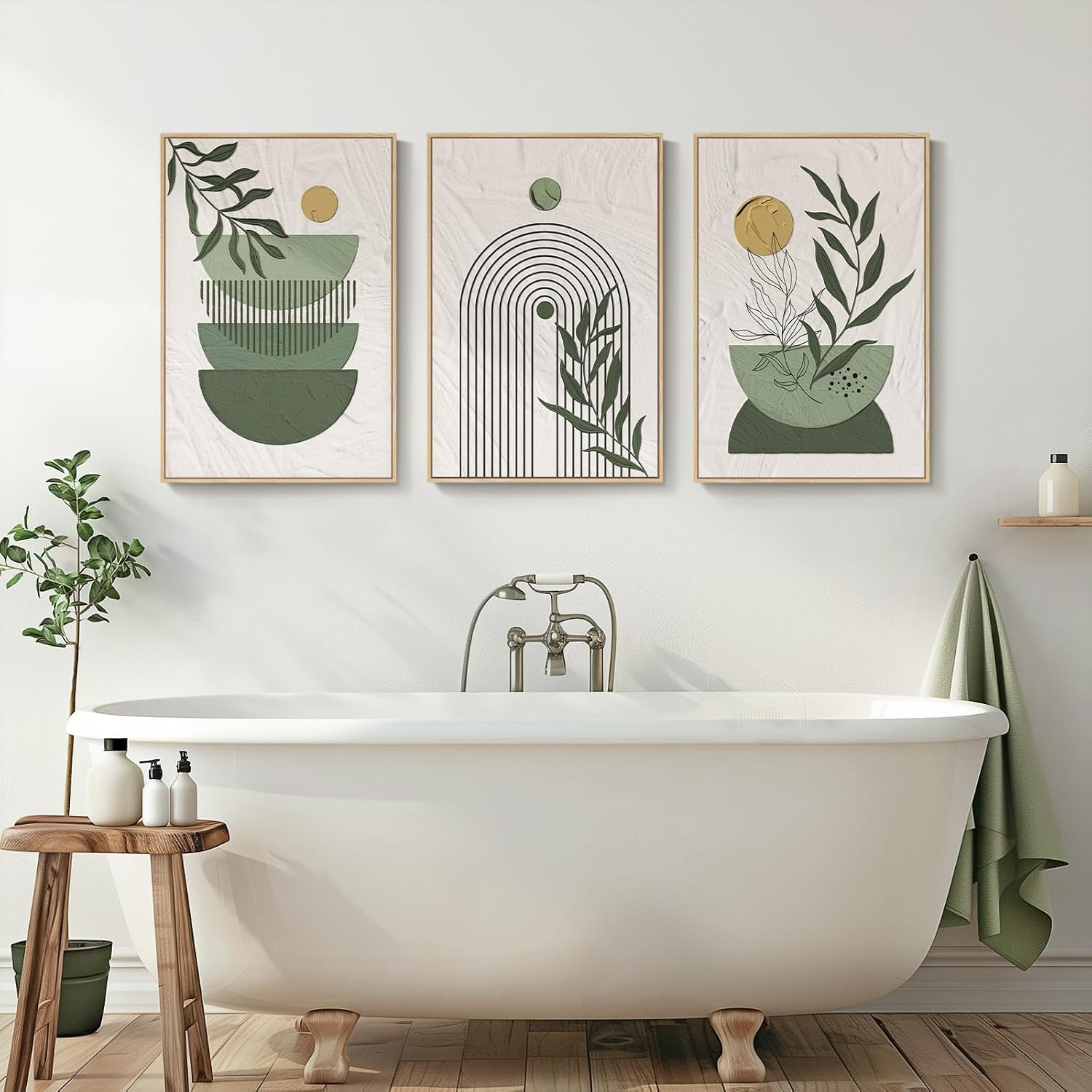 Large Framed Sage Green Boho Wall Art for Living Room, 3 Piece Mid Century Modern Bohemian Canvas Artwork for Walls, Botanical Paintings Prints Pictures Wall Decor for Bedroom Home Office, 24x36 Inch