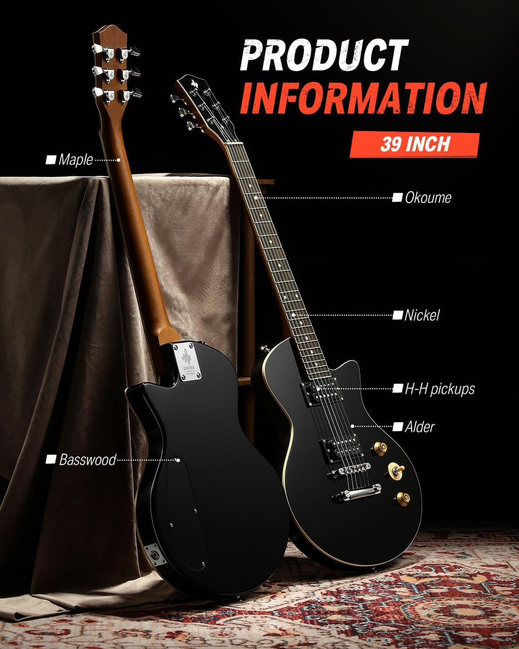 Donner Electric Guitar Beginner Kit 39' – Full Size Solid Alder Body H-H Pickups, 25.5' Extended Scale C-Shape Neck with Gig Bag, Ideal for Rock Blues Practice (DSC-128/Black)
