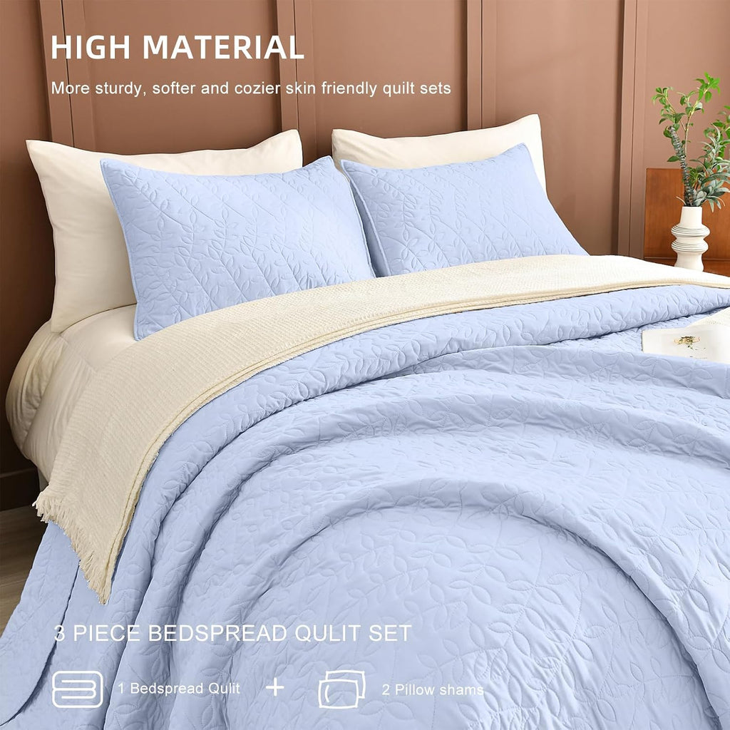 Lady Ann Light Blue Oversized King Bedspread 128x120, Leaves Pattern Printed Oversized King Quilt Set for Extra Large Bed, Lightweight & Soft Farmhouse Bedspreads & Coverlets, 3PCS