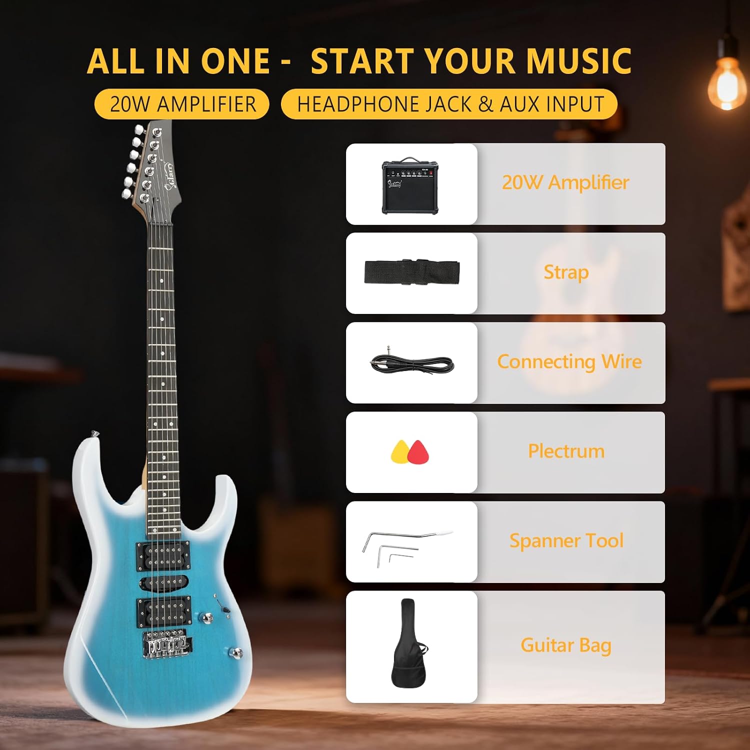 GLARRY 39' Full Size Electric Guitar Kit for Beginners, Starter Electric Guitar Set with 20W Amp & HSH Pickups, Model 170 (Ocean)