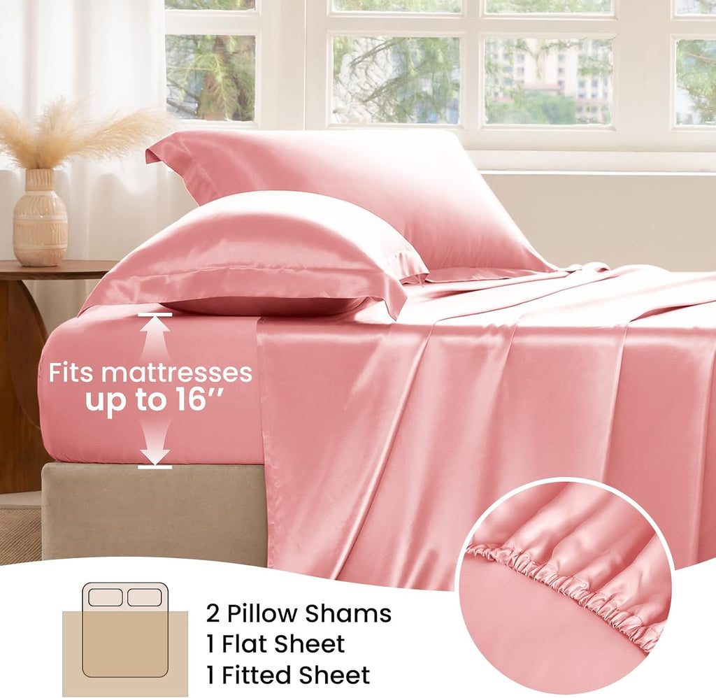 THXSILK Silk Sheet Set 4 Pcs, King Size Sheet Set, 22 Momme 7A+ Silk Sheets, Soft and Breathable Bed Sheets with 1 Flat Sheet, 1 Fitted Sheet, 2 Pillow Shams, Charming Pink