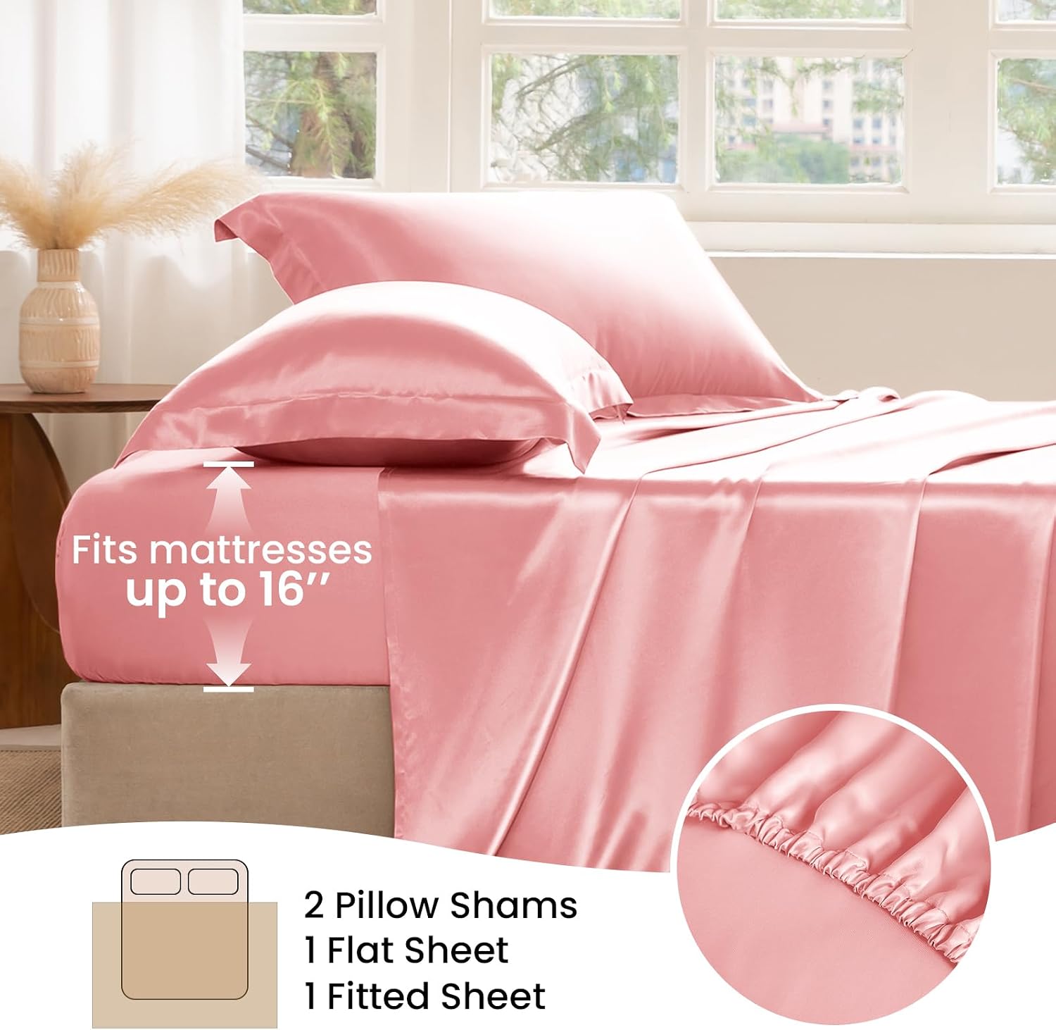 THXSILK Silk Sheet Set 4 Pcs, King Size Sheet Set, 22 Momme 7A+ Silk Sheets, Soft and Breathable Bed Sheets with 1 Flat Sheet, 1 Fitted Sheet, 2 Pillow Shams, Charming Pink