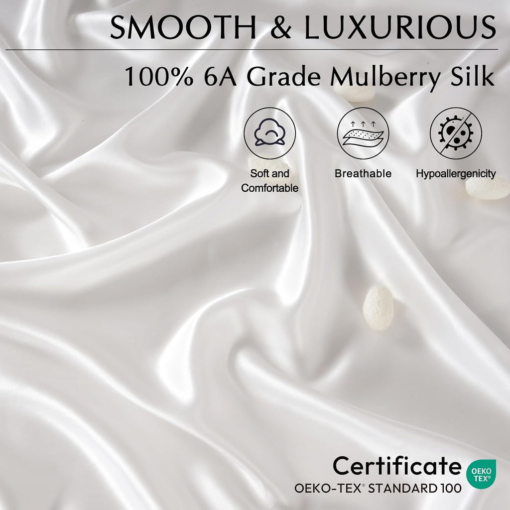 ZIMASILK 100% 19 Momme Mulberry Silk Fitted Sheet for Sleeping with Deep Pocket, Soft, Breathable & Hypoallergenic for Hair & Skin Care (King 78''x80''+16', White)