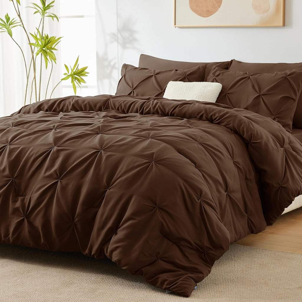 King Size Comforter Set 7 Pieces Bed in a Bag 100% Cotton Brown Comforter King Pintuck Bed Sets Pinch Pleat Bedding Sets Comforter, Flat Sheet, Fitted Sheet, Pillowcases & Shams