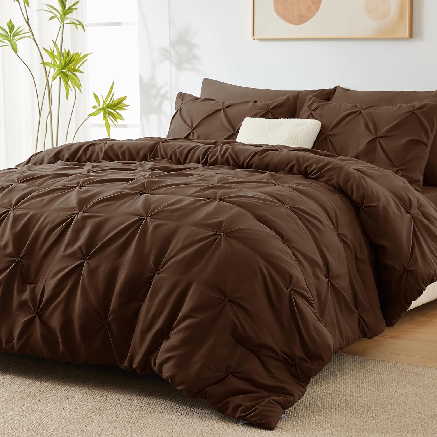 King Size Comforter Set 7 Pieces Bed in a Bag 100% Cotton Brown Comforter King Pintuck Bed Sets Pinch Pleat Bedding Sets Comforter, Flat Sheet, Fitted Sheet, Pillowcases & Shams