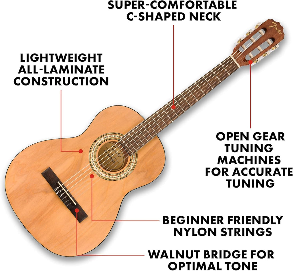 Fender CN-25 3/4 Size Nylon String Acoustic Guitar, Beginner Guitar, with 2-Year Warranty, Perfect Beginner Guitar for Kids that is Easy on Fingers, Includes 3 Months of Free Lessons, Natural