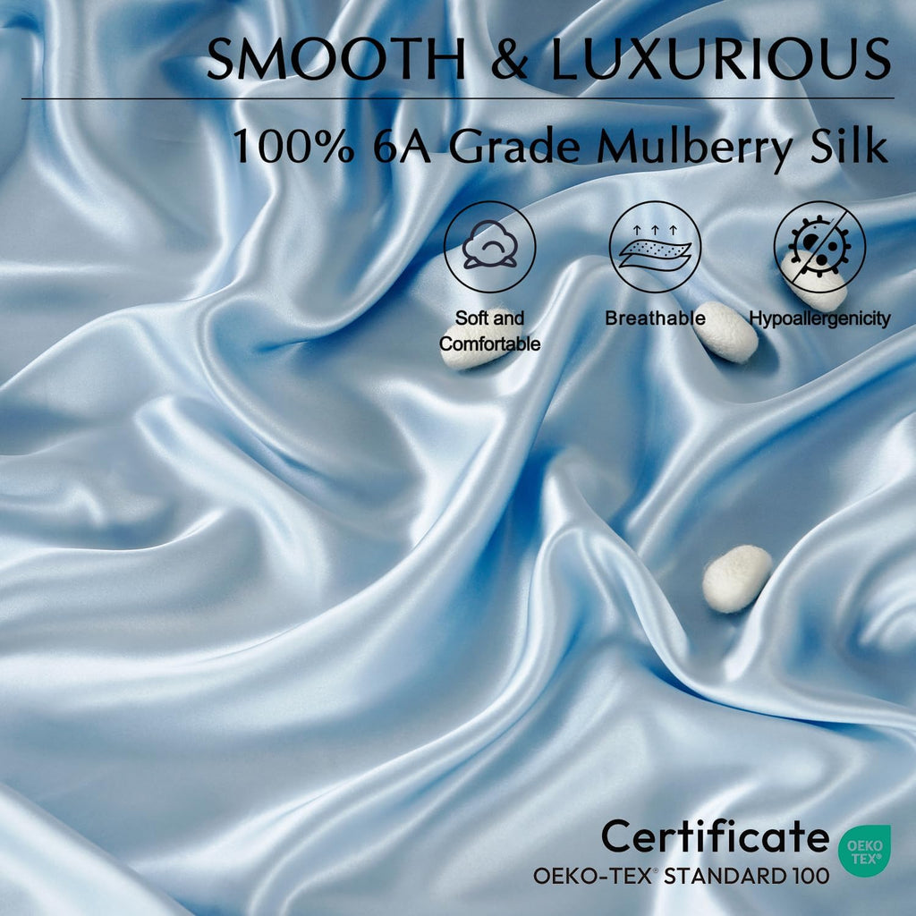 ZIMASILK 4 Pcs 100% Mulberry Silk Bed Sheet Set,All Side 19 Momme Silk (Queen, Light Blue)