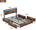 Full Bed Frame with 4 Storage Drawers, LED Bed Frame Storage with Headboard and Charging Station, Solid and Stable, Noise Free, No Box Spring Needed, Easy Assembly, Rustic Brown