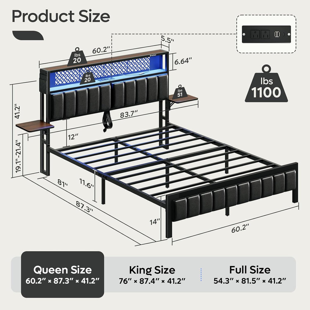 Bestier Queen Bed Frame with Upholstered Headboard and Charging Station, Folding Bedside Shelves Storage, LED Metal Platform Bed Frame, Non-Slip, Noise-Free, Easy Assembly, Walnut