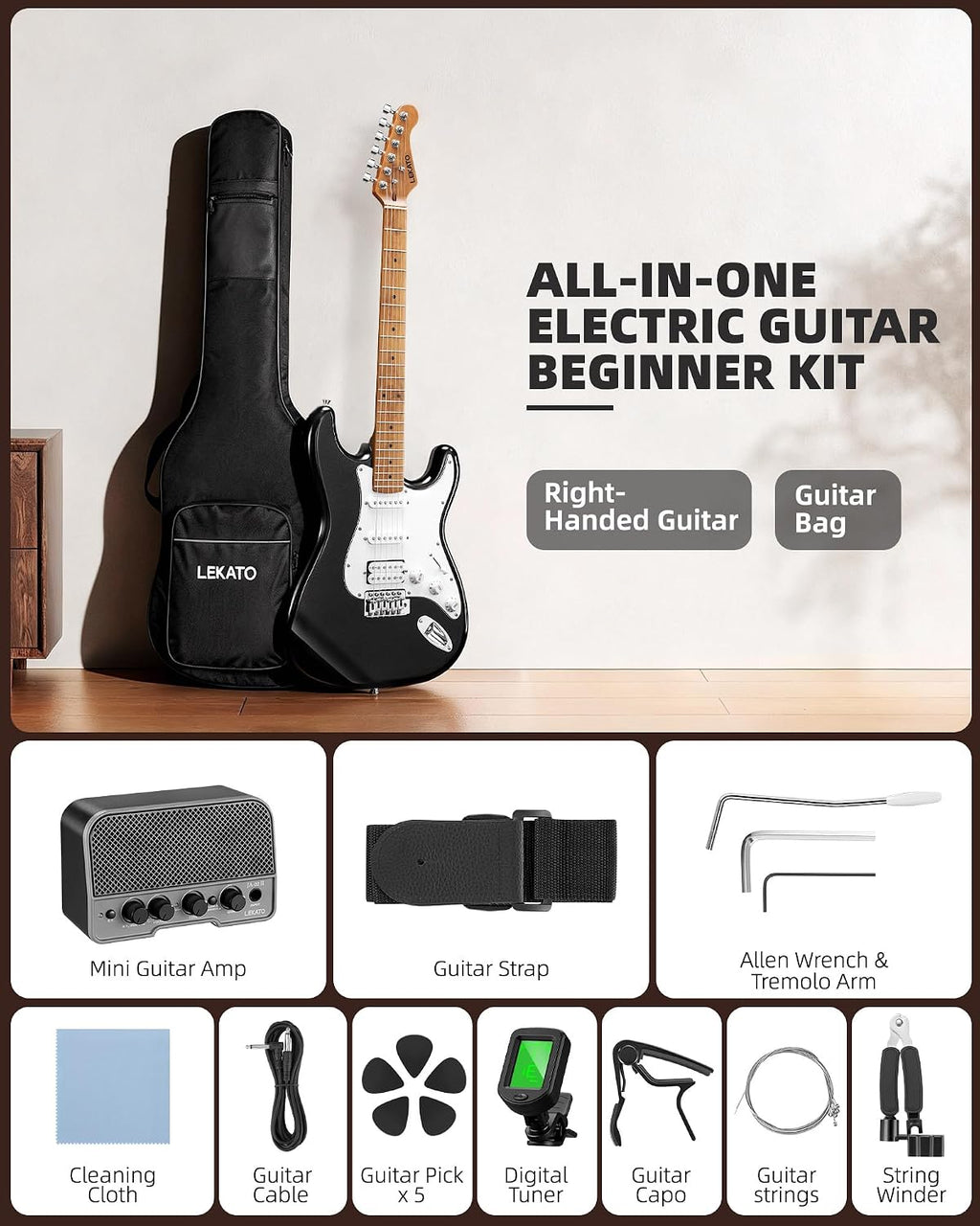 LEKATO Electric Guitar Kit Beginner 39 Inch Full Size Solid Body Guitar HSS for Starter Roasted Maple Neck Fretboard Stainless Steel Frets, 5W Mini Amp, Bag, Tuner, Capo, Strap, String, Picks- Black