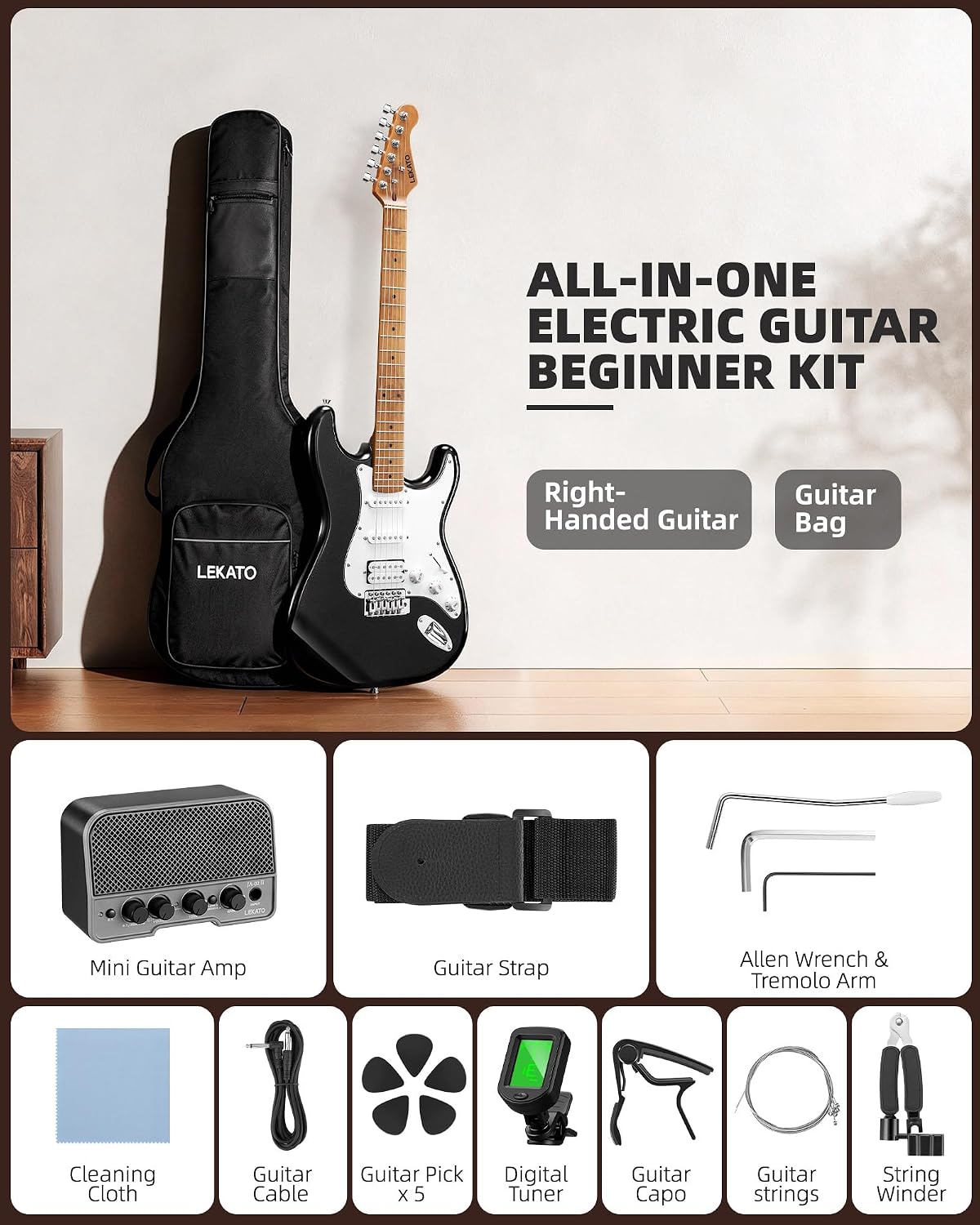 LEKATO Electric Guitar Kit Beginner 39 Inch Full Size Solid Body Guitar HSS for Starter Roasted Maple Neck Fretboard Stainless Steel Frets, 5W Mini Amp, Bag, Tuner, Capo, Strap, String, Picks- Black