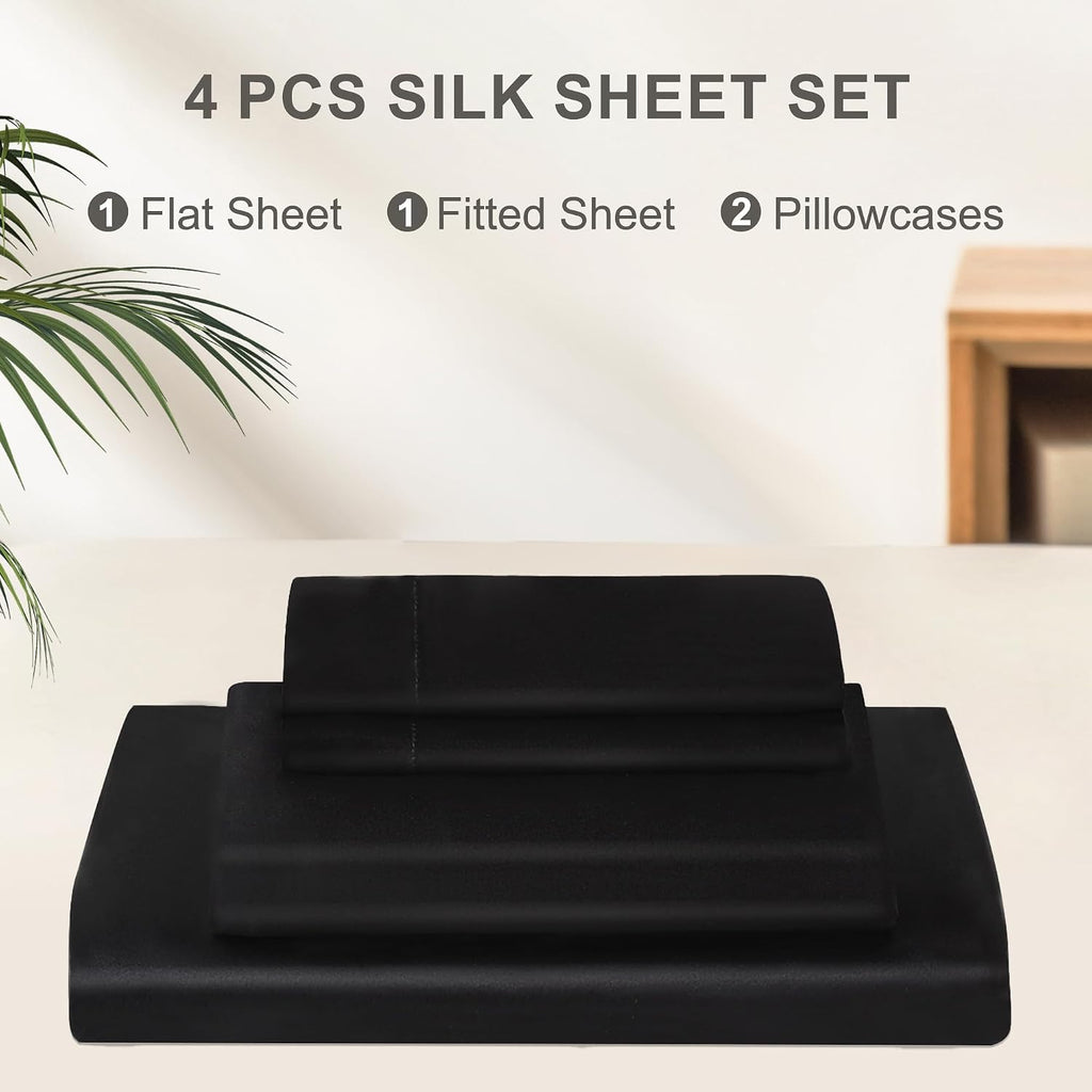 4 Pieces 100% Mulberry Silk Sheet Set Bed Sheets, 19 Momme Queen Size 6A Luxury Silk Bedding Set with Flat Sheet, Fitted Sheet & 2 Pillowcases (Queen, Black)