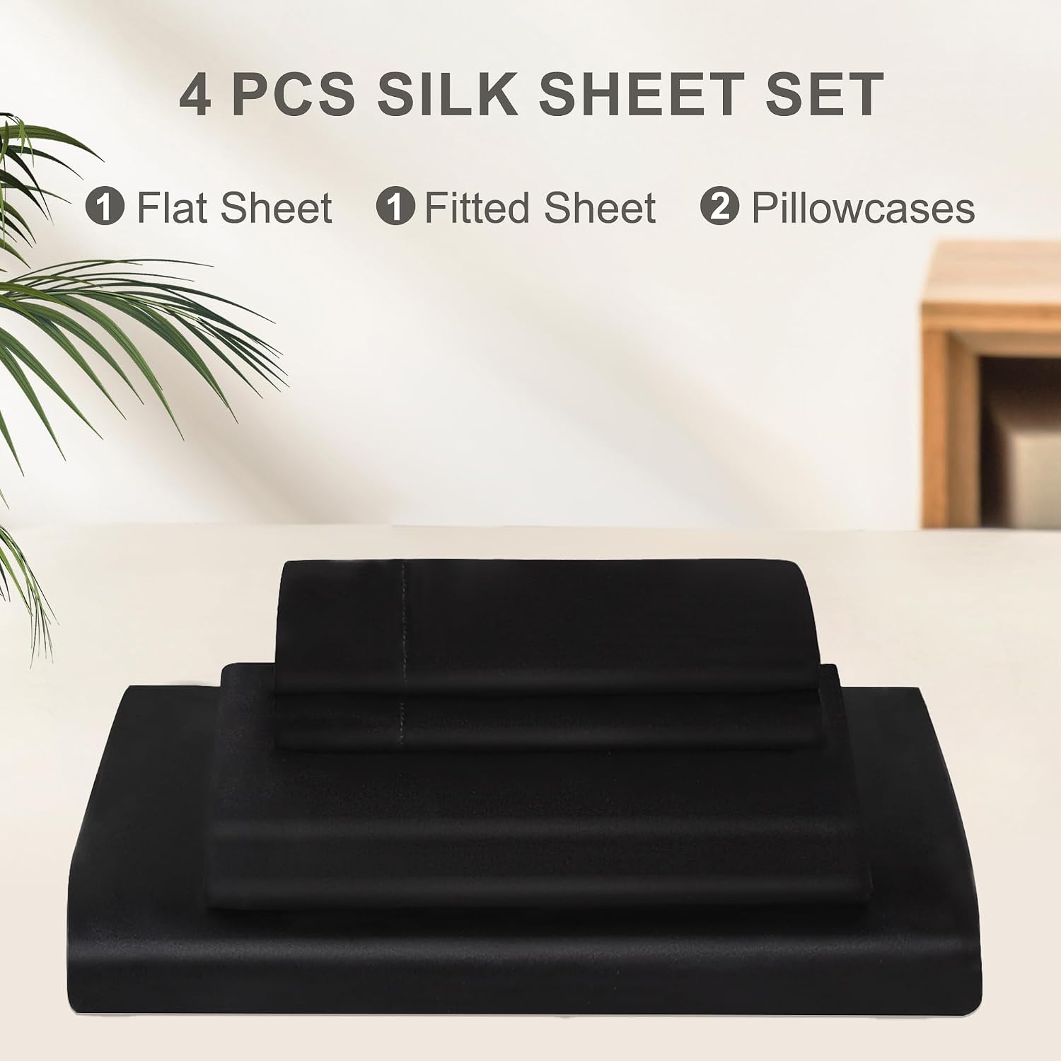 4 Pieces 100% Mulberry Silk Sheet Set Bed Sheets, 19 Momme King Size 6A Luxury Bedding Set with Flat Sheet, Fitted Sheet & 2 Pillowcases (King, Black)