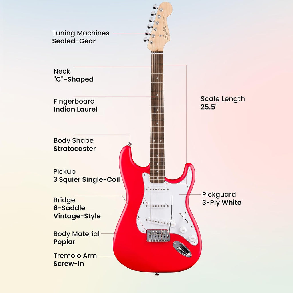 Fender Squier Stratocaster - Torino Red Bundle with Amplifier, Gig Bag, Strap, Instrument Cable, Picks, and Austin Bazaar Instructional DVD