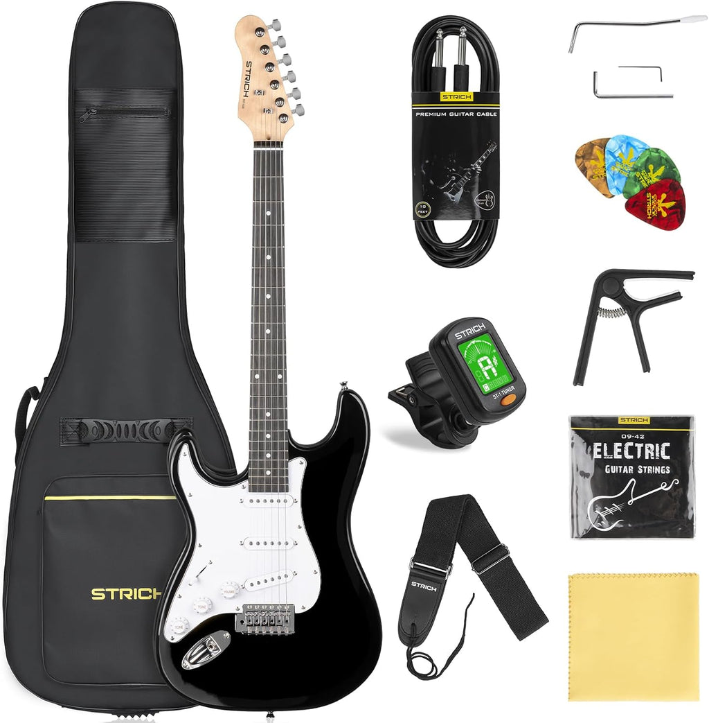 STRICH Electric Guitar Left Hand Beginner Kit, Solid Body 39' Electric Guitar SSS Pick Up for Starter, with 5W x 2 Amp, Bag, Tuner, Capo, Strap, String, Cable, Picks, SST-S10L Black