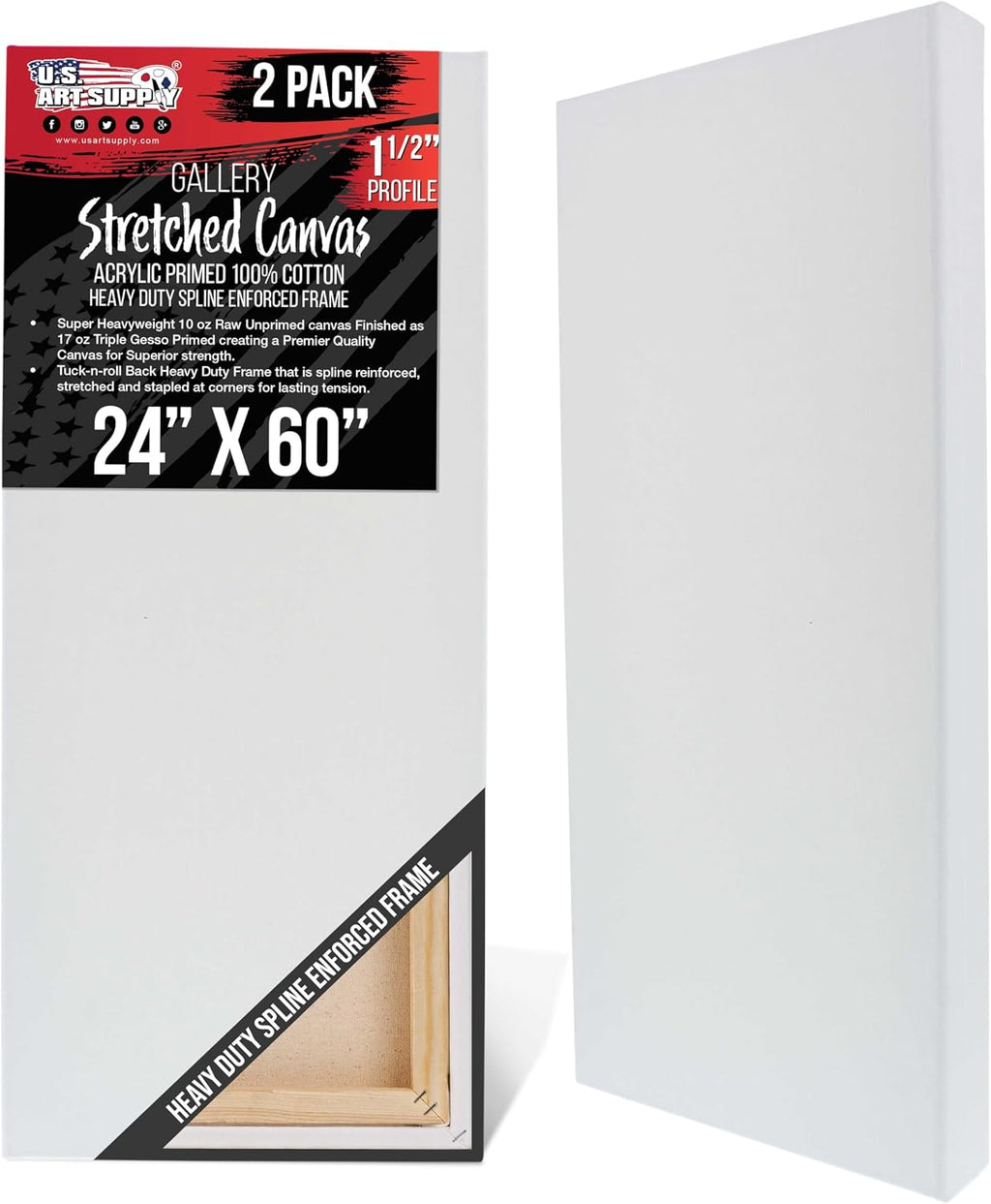 U.S. Art Supply X-Large Stretched Canvas for Painting 24x60 inch Gallery Depth 1-1/2' Thick, 2-Pack - 12oz Acrylic Gesso Triple Primed, Professional Artist Quality, 100% Cotton - Oil, Pouring Paint