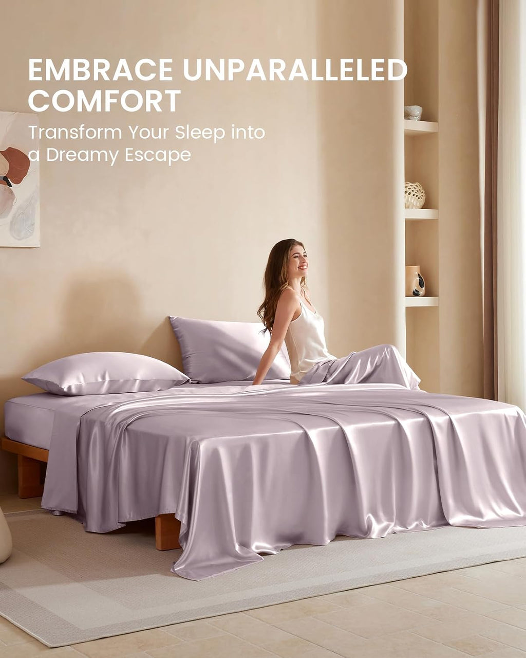 THXSILK Silk Sheet Set 4 Pcs, Queen Size Sheet Set, Soft Breathable Cooling Bed Sheets with 1 Flat Sheet, 1 Fitted Sheet, 2 Pillowcases with Zipper Closure, Light Purple