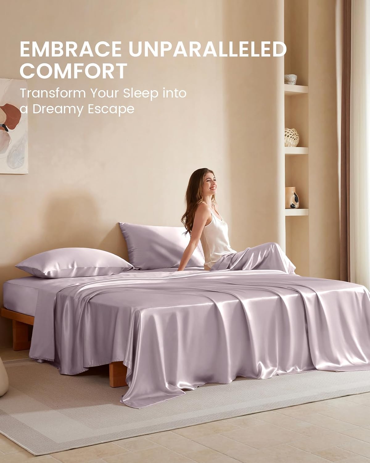 THXSILK Silk Sheet Set 4 Pcs, Queen Size Sheet Set, Soft Breathable Cooling Bed Sheets with 1 Flat Sheet, 1 Fitted Sheet, 2 Pillowcases with Zipper Closure, Light Purple