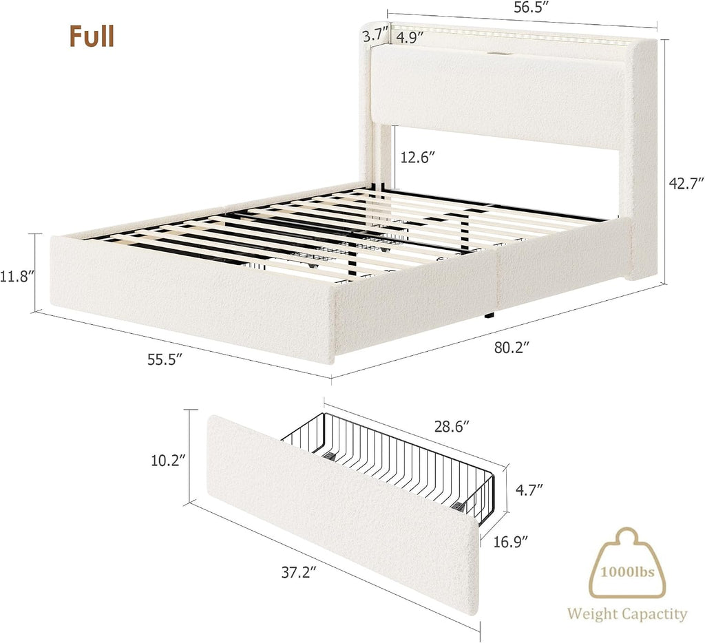Full LED Bed Frame with 4 Storage Drawers and Storage Headboard, Soft Boucle Upholstered Platform Bed Frame with Charging Station and USB Ports, Solid Wood Slats Support, No Box Spring Needed, Cream