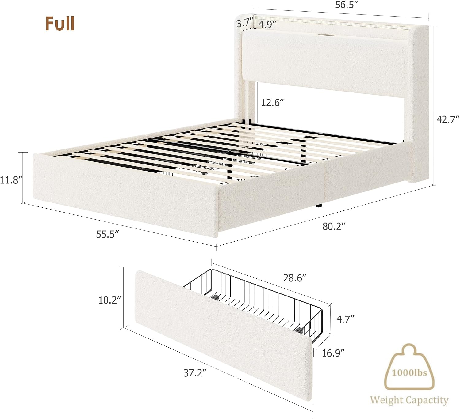 Full LED Bed Frame with 4 Storage Drawers and Storage Headboard, Soft Boucle Upholstered Platform Bed Frame with Charging Station and USB Ports, Solid Wood Slats Support, No Box Spring Needed, Cream