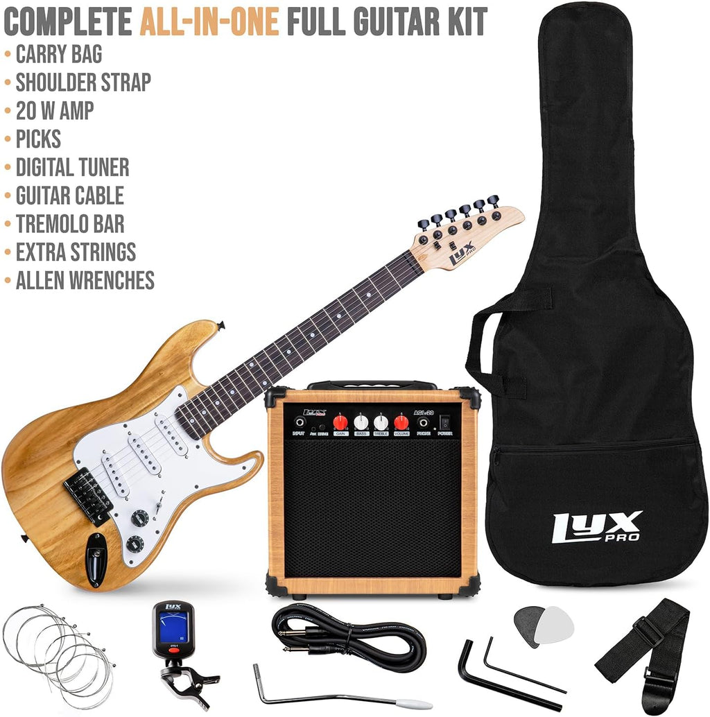 LyxPro 36 Inch Electric Guitar and Kit for Kids with 3/4 Size Beginner's Guitar, Amp, Six Strings, Two Picks, Shoulder Strap, Digital Clip On Tuner, Cable and Soft Case Gig Bag -Natural