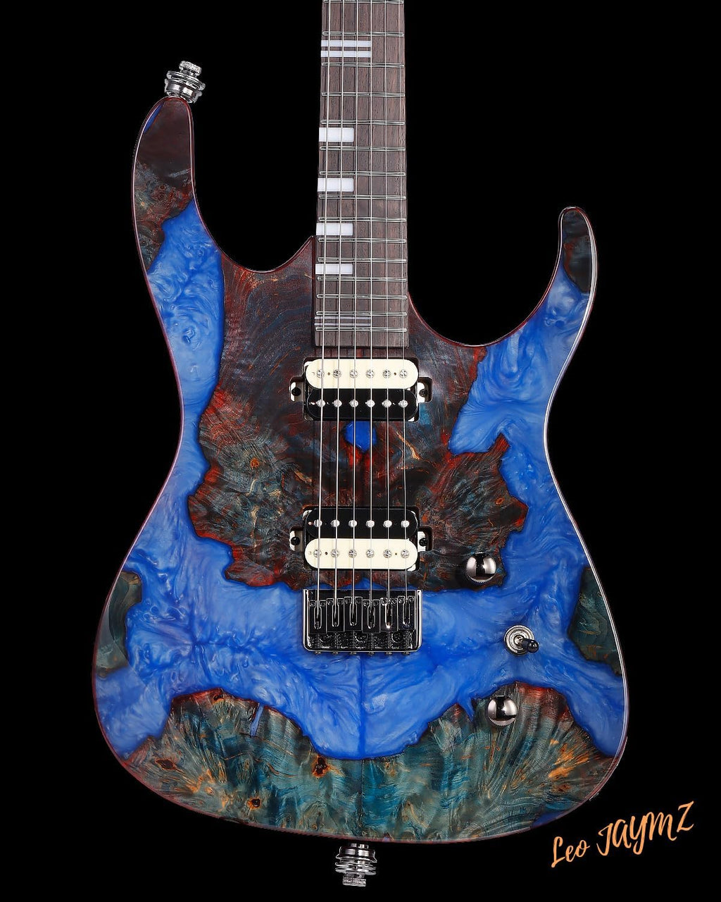 Leo Jaymz Electric Guitar Hurricane Deluxe Series, Burl Top, Mahogany Body, Roasted Maple Neck, Rosewood Fretboard, Locking Tuners, Rounded Frets, Case(Blue Colorful Deluxe)