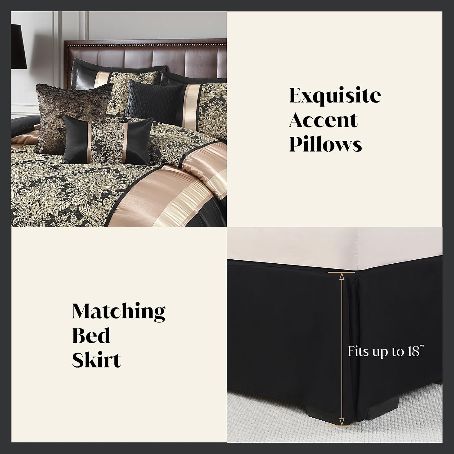 CozyDH Black Gold Jacquard Comforter Set - 7 Piece King Luxury Damask Floral Patchwork, All Season Down Alternative Silky Bedding Bed in a Bag with Bed Skirt, Shams, Decorative Pillows, 104x90 in