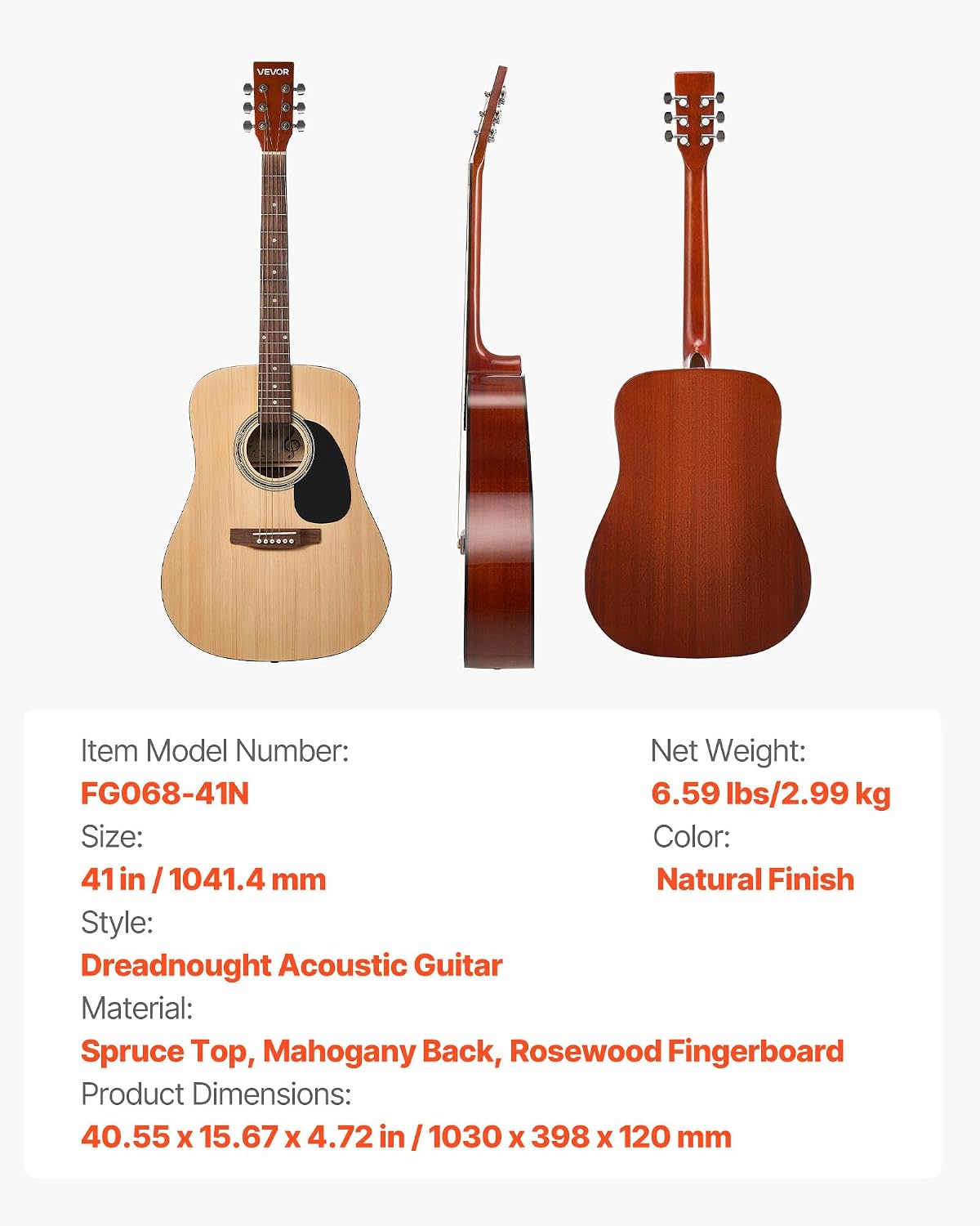 VEVOR Dreadnought Acoustic Guitar, 41 in, 6-String Natural Solid Spruce Top Guitar, Beginner Bundle with Gig Bag, Tuner, Strap, Strings, Picks, Capo, Rosewood Fingerboard, for Adults Taller Players