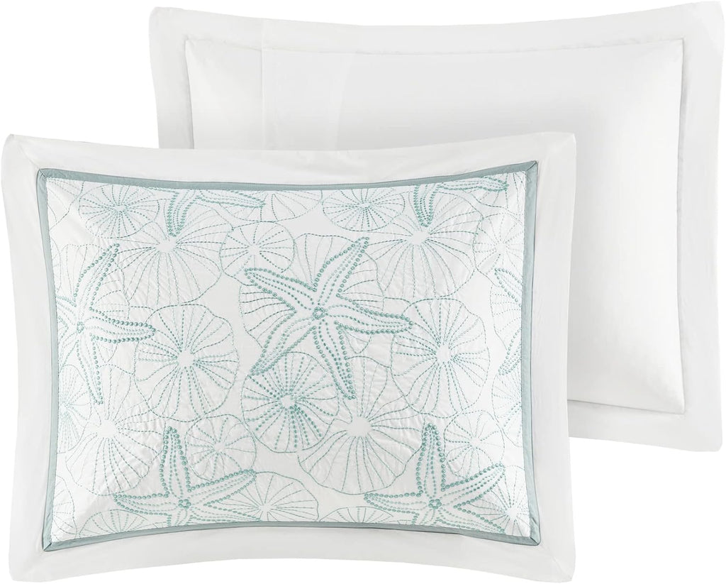 Harbor House Cotton Comforter Set - Coastal Oceanic Sealife Design, All Season Down Alternative Bedding with Matching Shams, Bedskirt, Maya Bay, Seafoam Blue Queen(92'x96') 4 Piece
