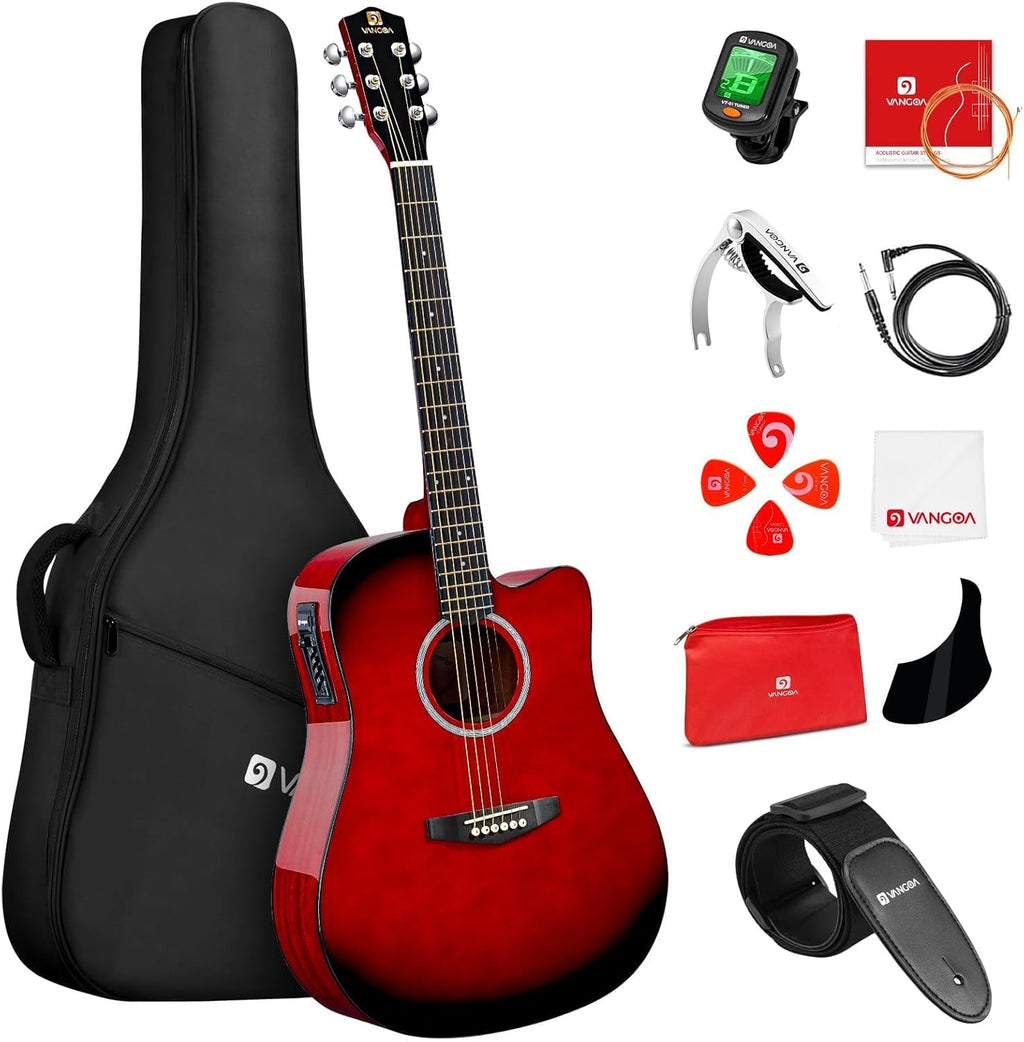 Vangoa Electric Acoustic Guitar Kit for Beginners Adults 41 inch Full Size Cutaway Electric Acoustic Guitar Bundle Set with Built-in Pickups Bag Tuner Strap Capo Picks Cable, Glossy Red