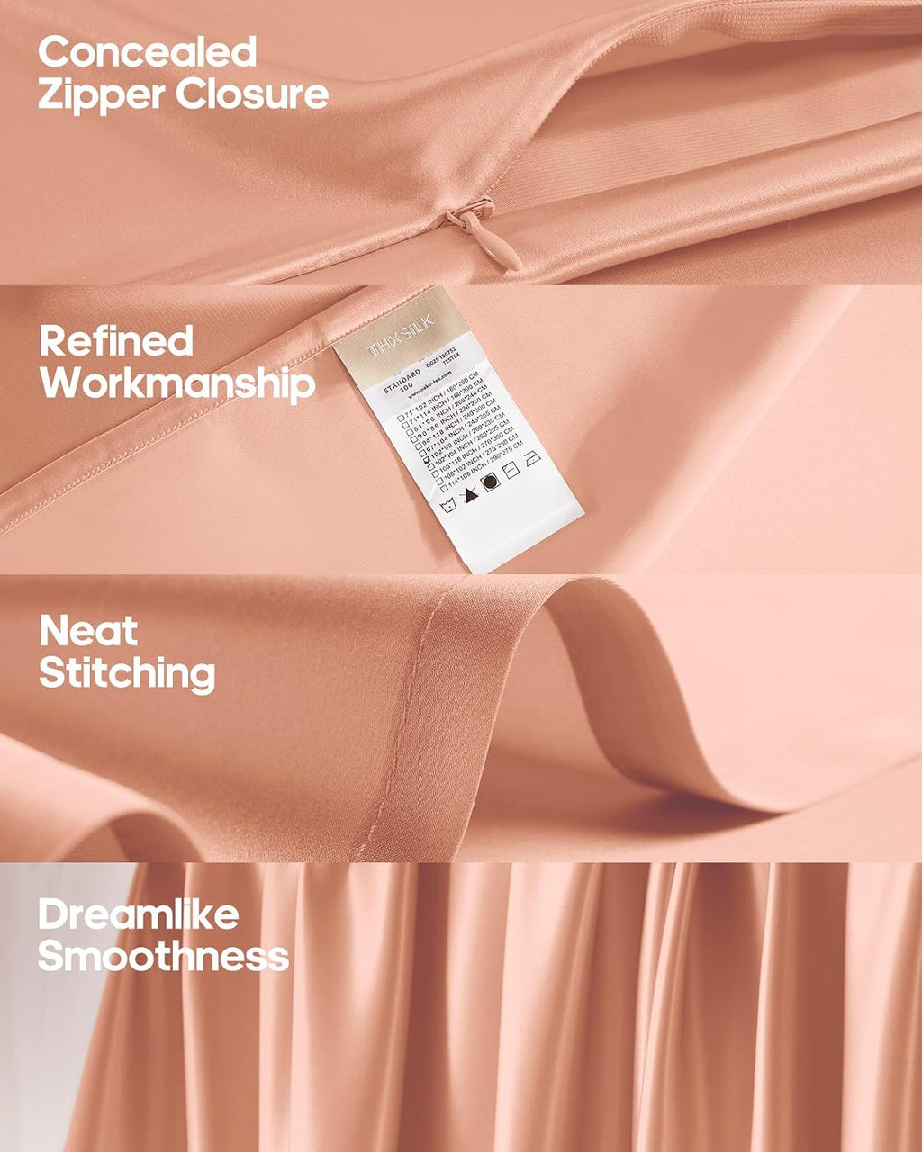 THXSILK Silk Sheet Set 4 Pcs, Full Size Sheet Set, Soft Breathable Cooling Bed Sheets with 1 Flat Sheet, 1 Fitted Sheet, 2 Pillowcases with Zipper Closure, Peachy Pink