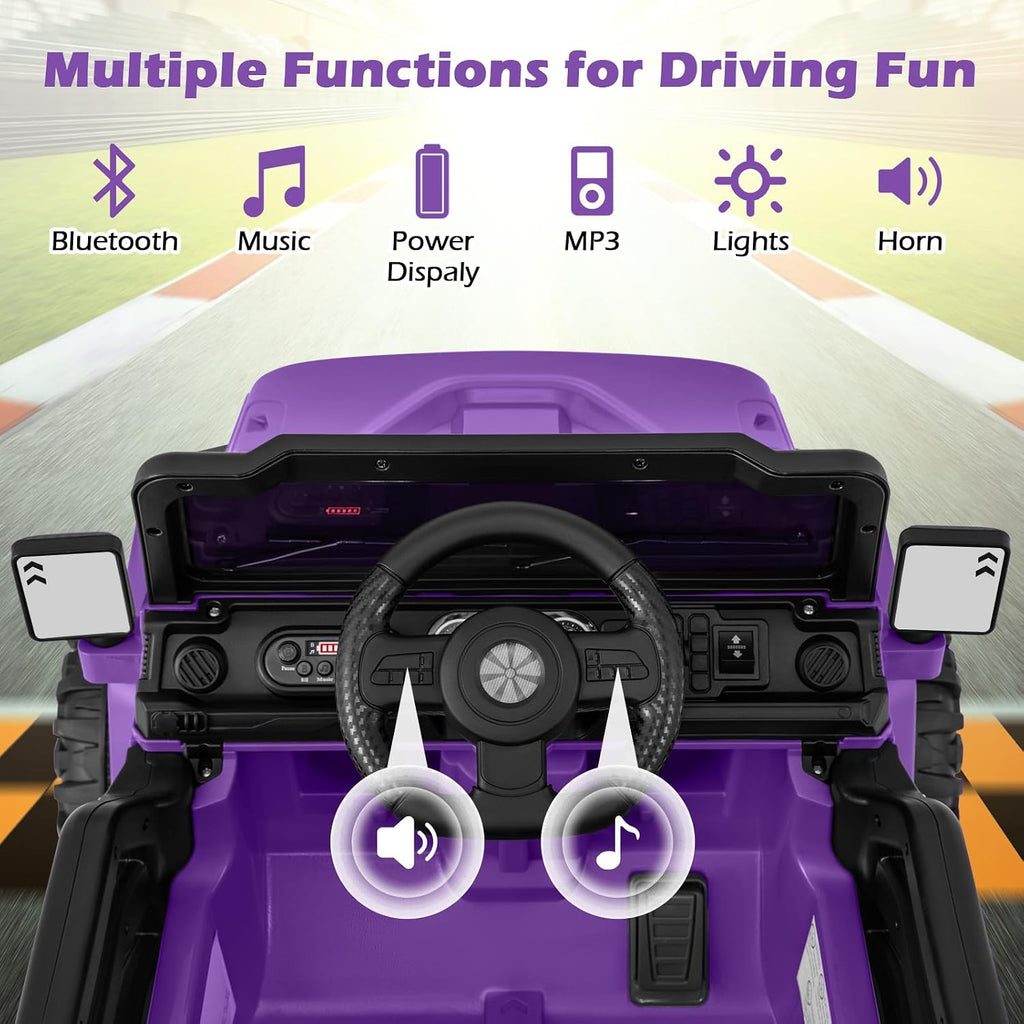 OLAKIDS Ride on Truck, 12V Battery Powered Electric Vehicle for Kids with Remote Control, Bluetooth, Power Display, LED Lights, Music Player, Ride on Toy for 3+ Boys Girls (Purple)