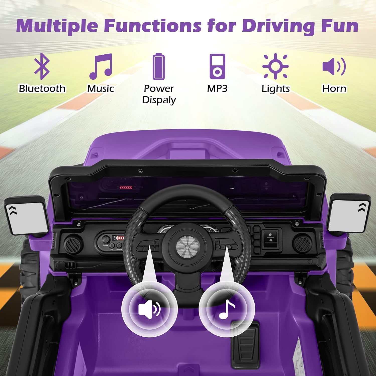OLAKIDS Ride on Truck, 12V Battery Powered Electric Vehicle for Kids with Remote Control, Bluetooth, Power Display, LED Lights, Music Player, Ride on Toy for 3+ Boys Girls (Purple)