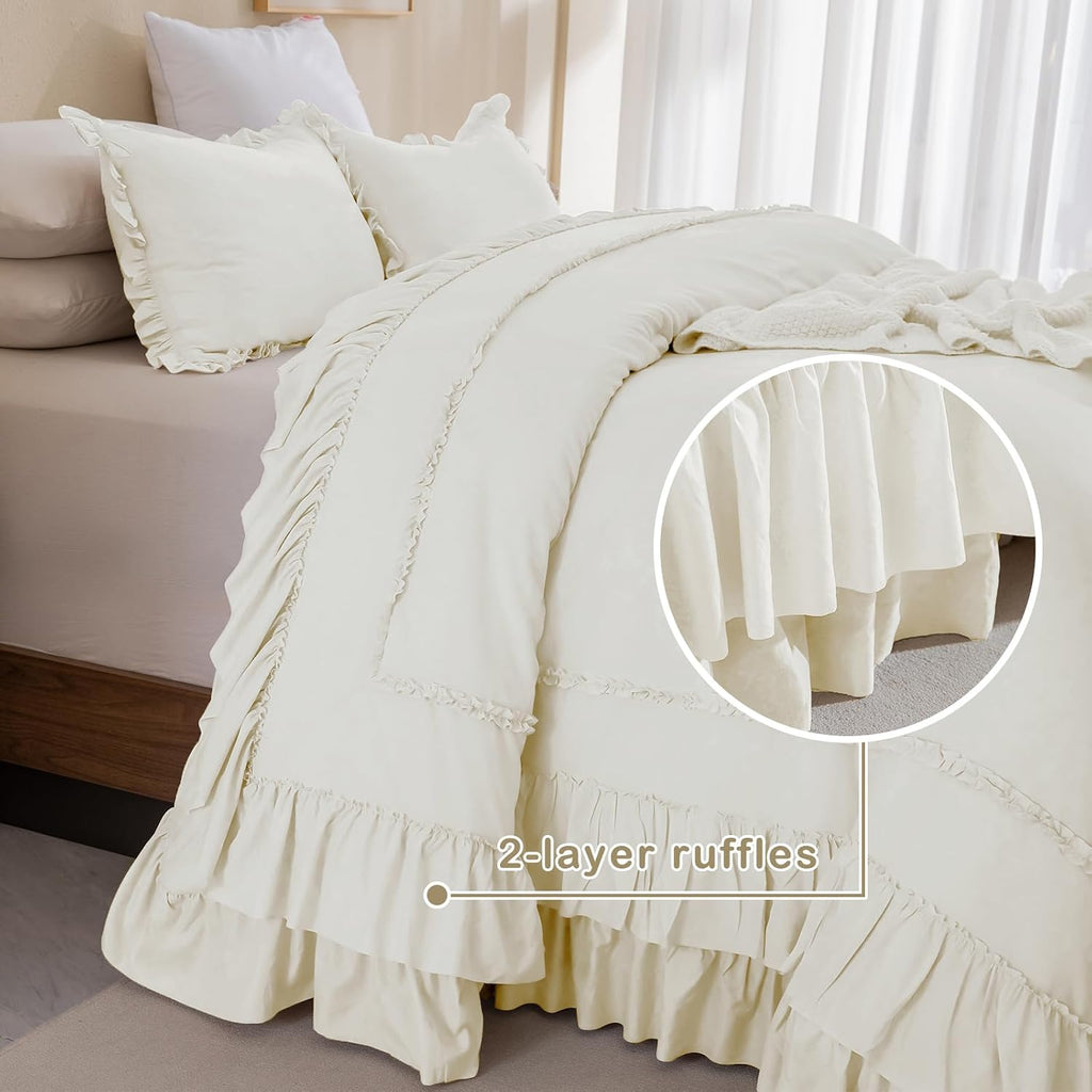 Masaca Oversized King Comforter 128x120,Farmhouse Shabby Boho Chic Ruffled Bedding Comforter Set,3Pcs Ivory Ruffle Extra Large King Size Comforter Sets French Country Rustic Bedding Set Ultra Soft