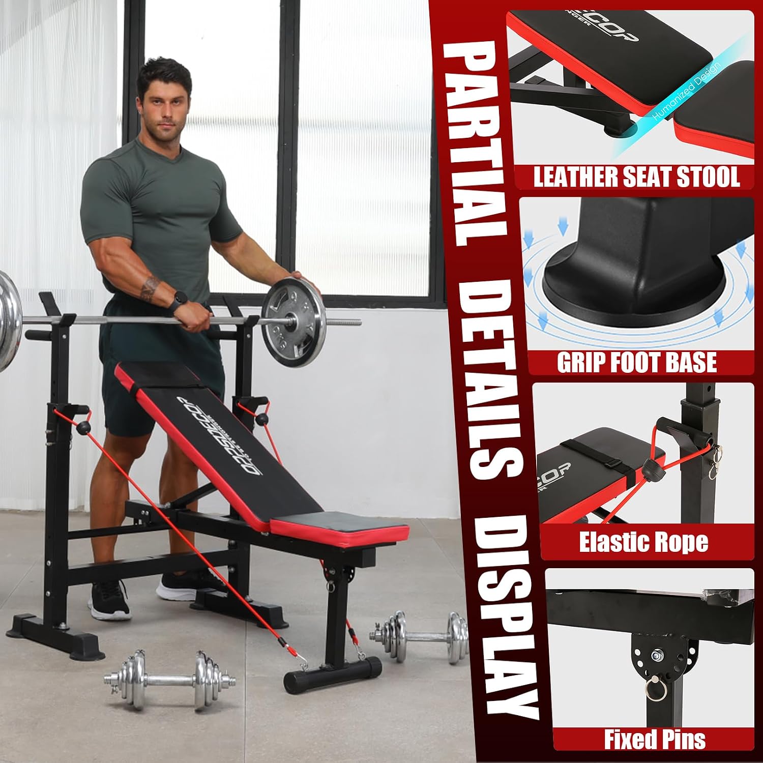 OPPSDECOR 900lbs 6 in 1 Weight Bench Set with Squat Rack, Workout Bench with Leg Extension Preacher Curl Rack Multi-Function Bench Press Set for Home Gym, ZWX1113 New Version Weight Bench