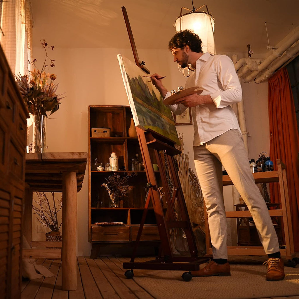 MEEDEN Large Studio Artist Easel, Holds Max Canvas 48', Solid Beech Wood H-Frame Easel with Large Storage Tray, Adjustable Art Painting Easel Stand with Wheels for Beginners & Artists, Deep Walnut