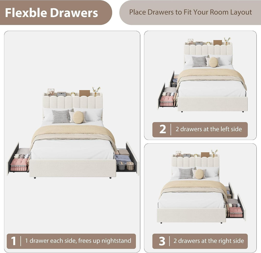 Garvee LED Full Size Bed Frame with Storage Headboard, Kids Bed Frame with 2 Drawers, Boucle Upholstered Platform Bed for Girls, Chic Wavy Headboard with Bookcase, No Box Spring Needed, White