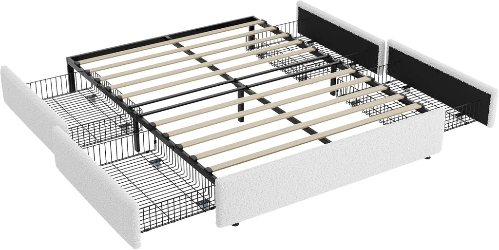 Allewie Full Size Bed Frame with 4 Oversized Storage Drawers, Soft Teddy Fabric, Boucle Upholstered Platform Bed, Wooden Slats Support, Noise-Free, No Box Spring Needed, Easy Assembly, White