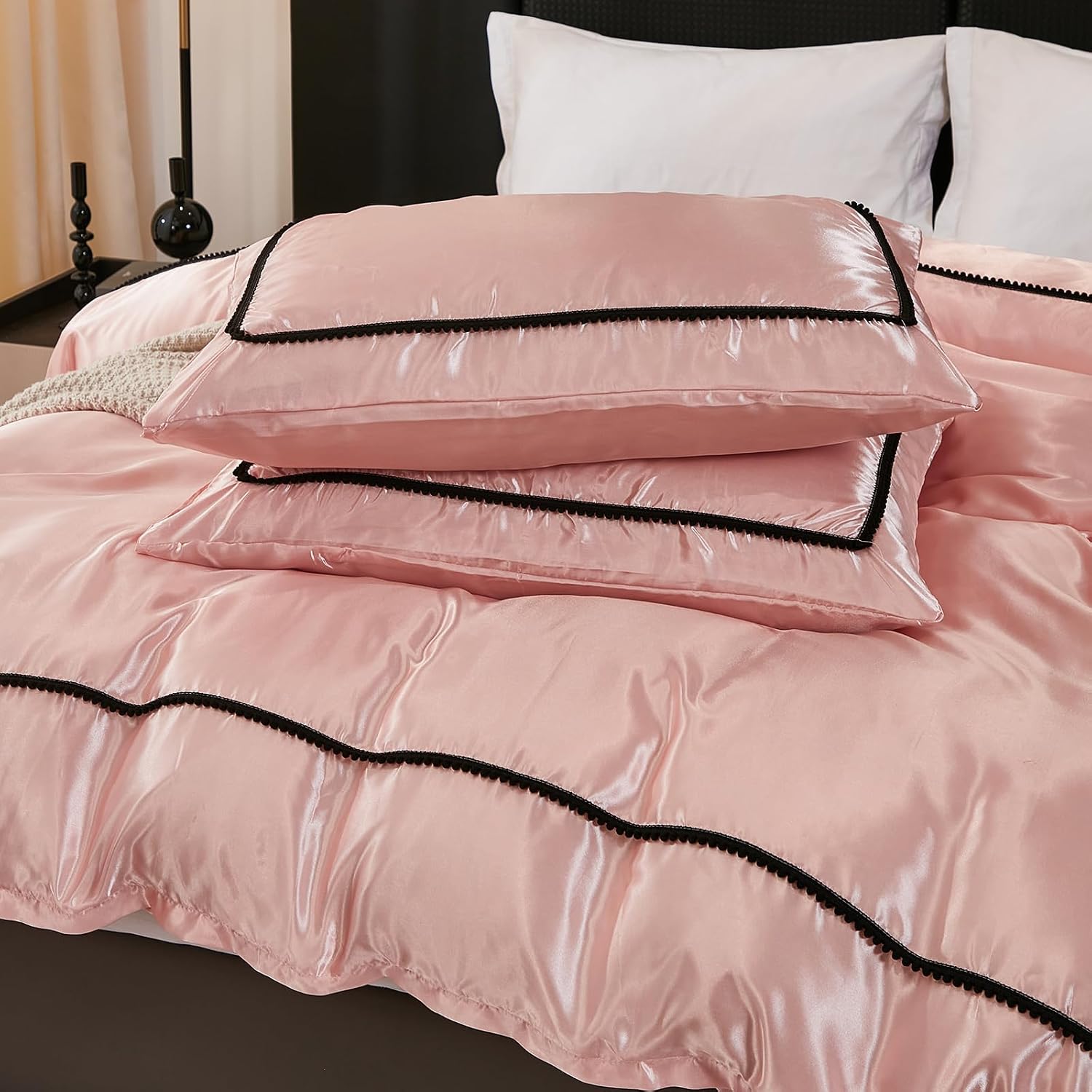 Herside Pink Satin Comforter Set 7 Pieces King Size Bed in a Bag Luxurious Satin Bedding Set with Comforter Pillowcases and Sheets Sets Mini Pompoms Design Super Soft Silky Bed Set for All Seasons
