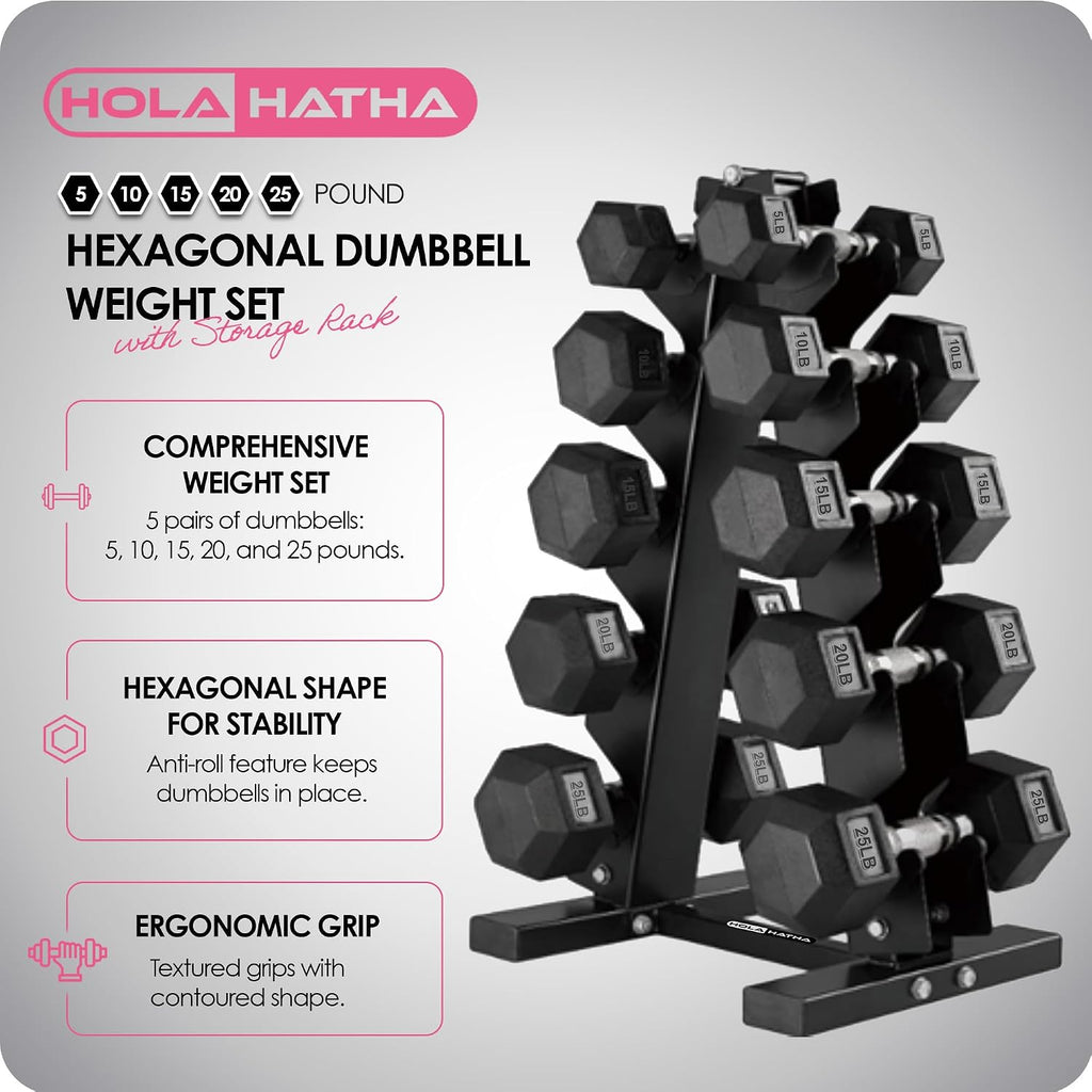 HolaHatha Hexagonal Dumbbell Free Hand Weight Set w/Rack