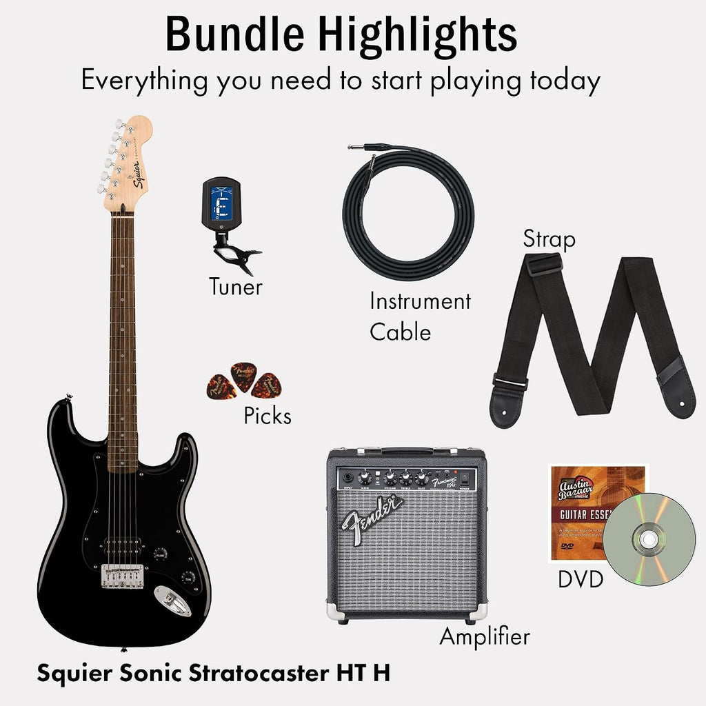 Fender Squier Sonic Stratocaster HT H - Black Bundle with Frontman 10G Amp, Tuner, Strap, Cable, Picks, and Austin Bazaar Guitar DVD