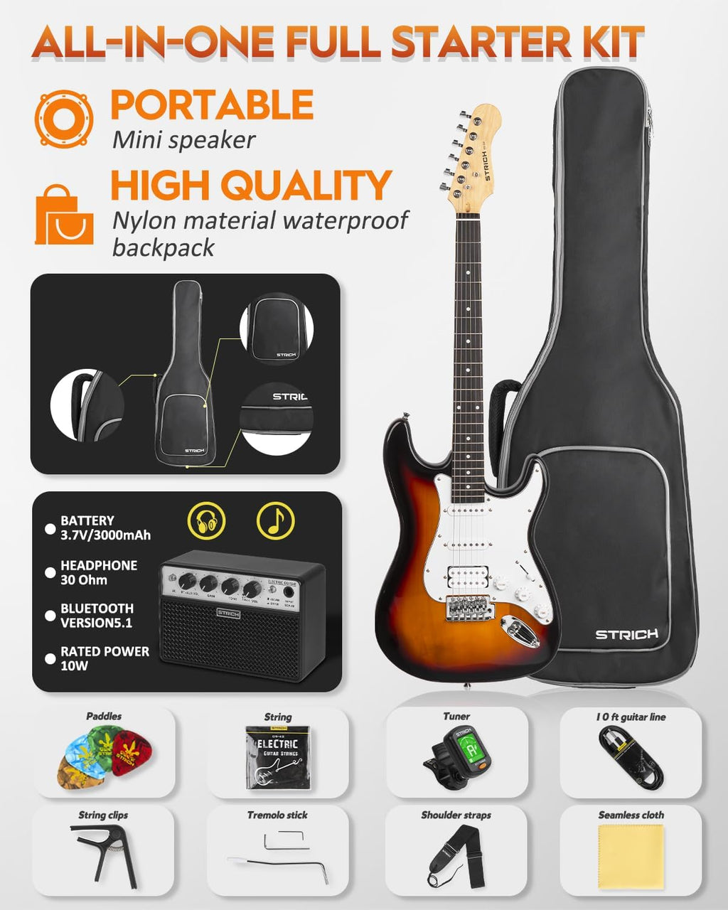 STRICH Electric Guitar Beginner Kit, Solid Body 39' Full Size Electric Guitar HSS Pick Up for Starter, with 10W Amp, Bag, Digital Tuner, Capo, Strap, String,Cable, Picks, SST-S20 Sunburst