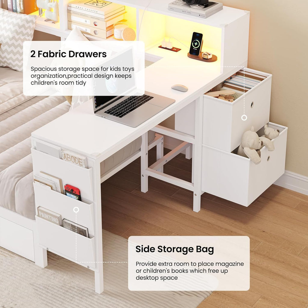 DICTAC Corner Twin Bed Frame with Desk,Charging Station and Bookcase Storage Metal Platform Bed Frame with Storage Drawers and Led Lights Twin Size Daybed with Desk and Shelves for Kids/Teen,White