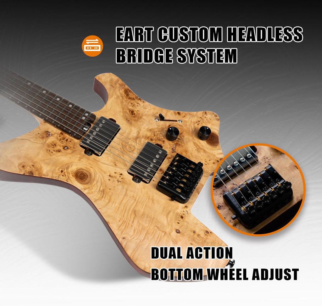EART GW2 25.5' Headless Electric Guitar - Roasted Padauk Soild Body/5pc Maple Neck - Alnico-V Pickups, Stainless Frets