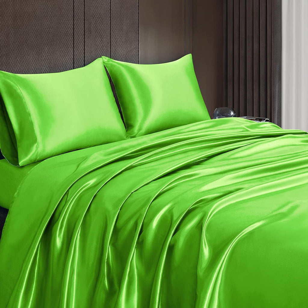 22 Momme 100% Mulberry Silk Bedding Set - 4-Piece Luxury Queen Size (2 Pillowcases, 1 Fitted Sheet, 1 Flat Sheet) - Fits 14-16' Deep Pocket (Solid, Fruit Green)