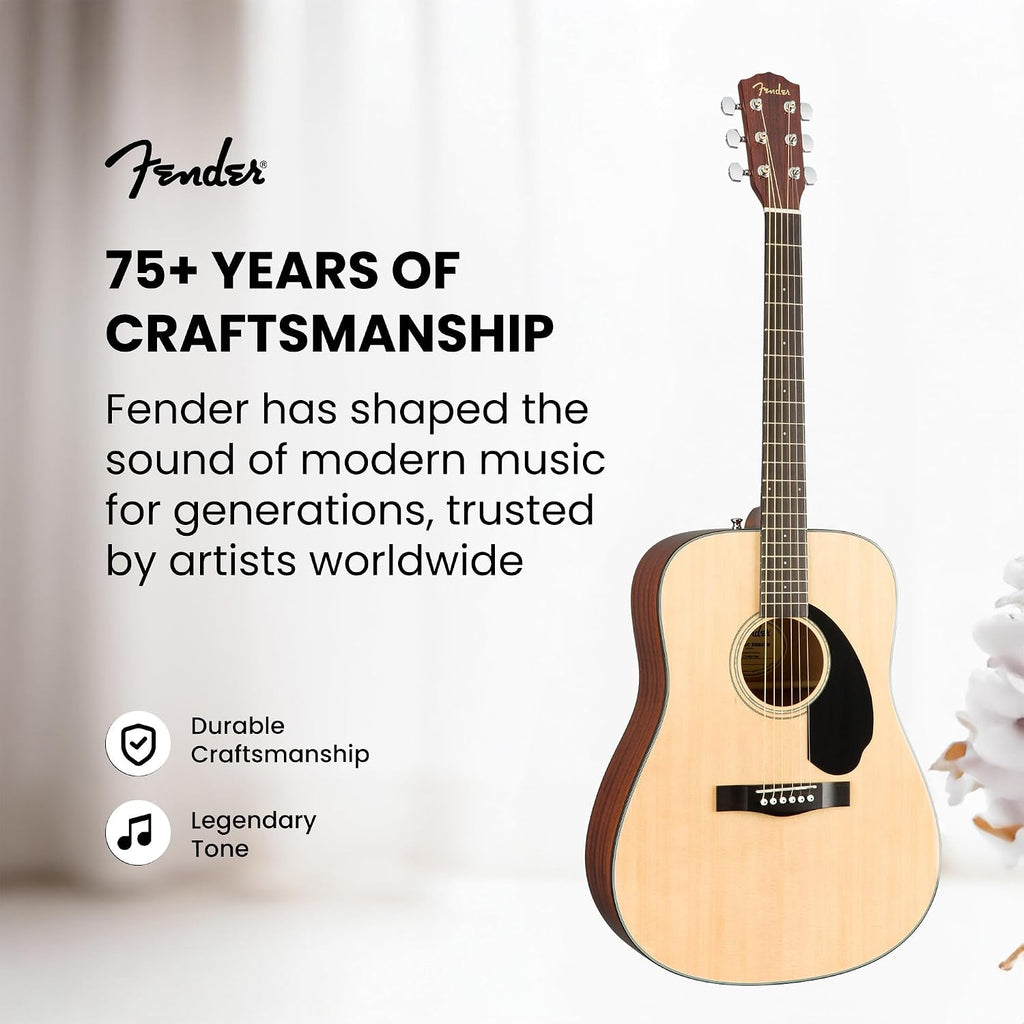 Fender CD-60S Solid Top Dreadnought Acoustic Guitar - Natural Bundle with Gig Bag, Tuner, Strap, Strings, Picks, and Austin Bazaar Instructional DVD