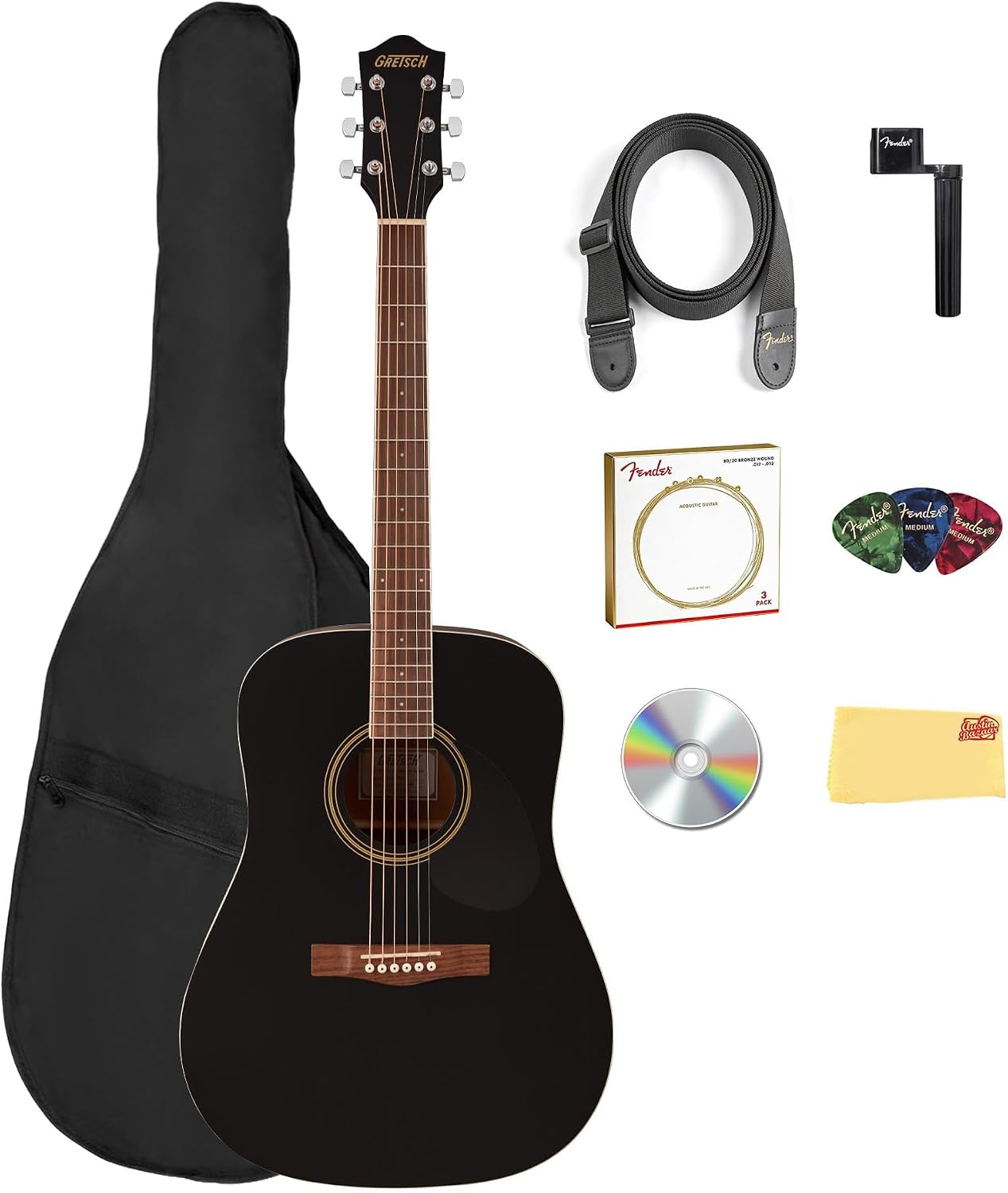 Gretsch Prelude D100 Dreadnought Acoustic Guitar - Black Bundle with Gig Bag, Strap, Strings, String Winder, Picks, Austin Bazaar Instructional DVD, and Polishing Cloth