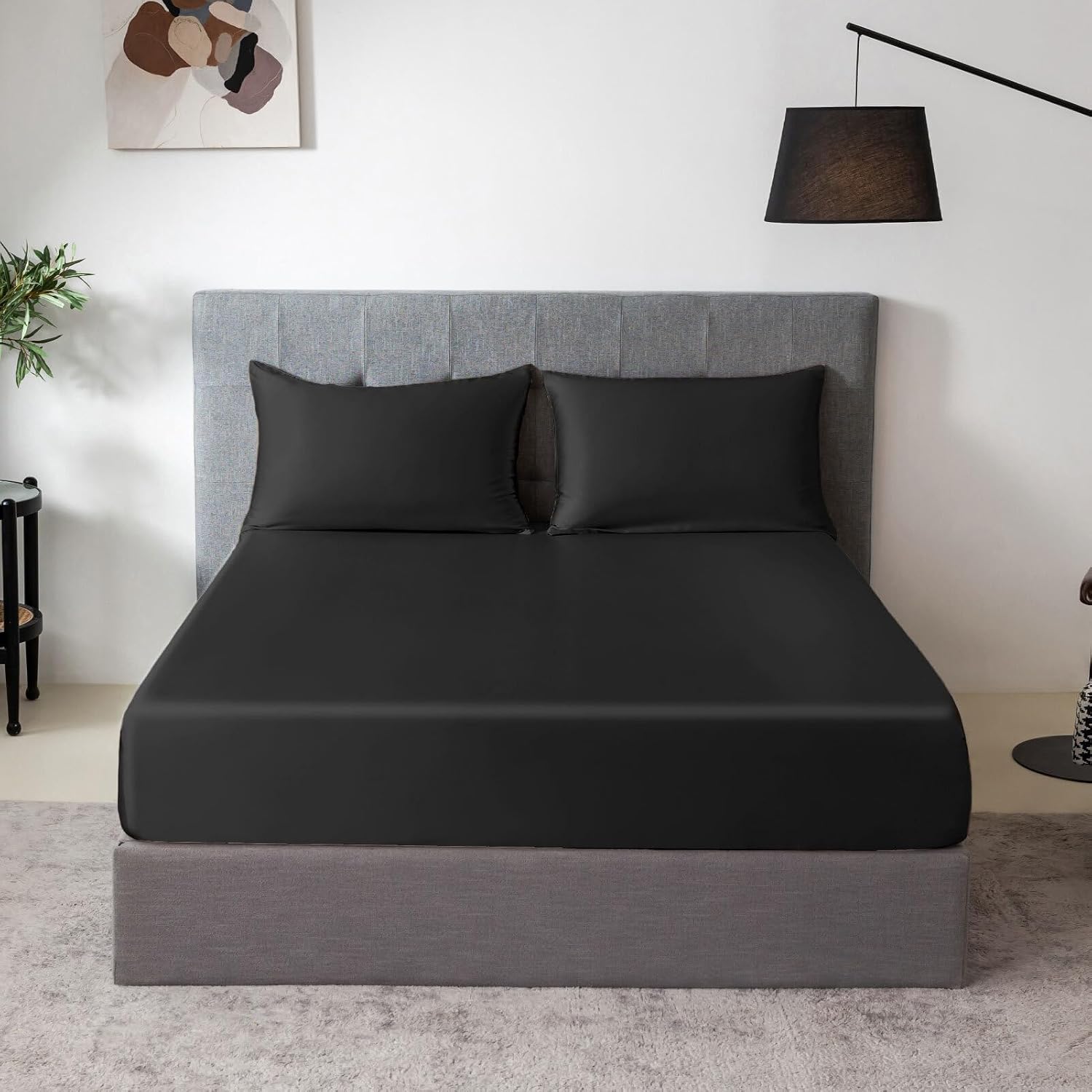 THXSILK 100% Mulberry Silk Fitted Sheet Set, 7A+ Silk 3 Pieces Bed Sheets, Breathable, Smooth, 16 Inch Deep Pocket Fitted Sheet, 2 Pillowcases - Black, Full